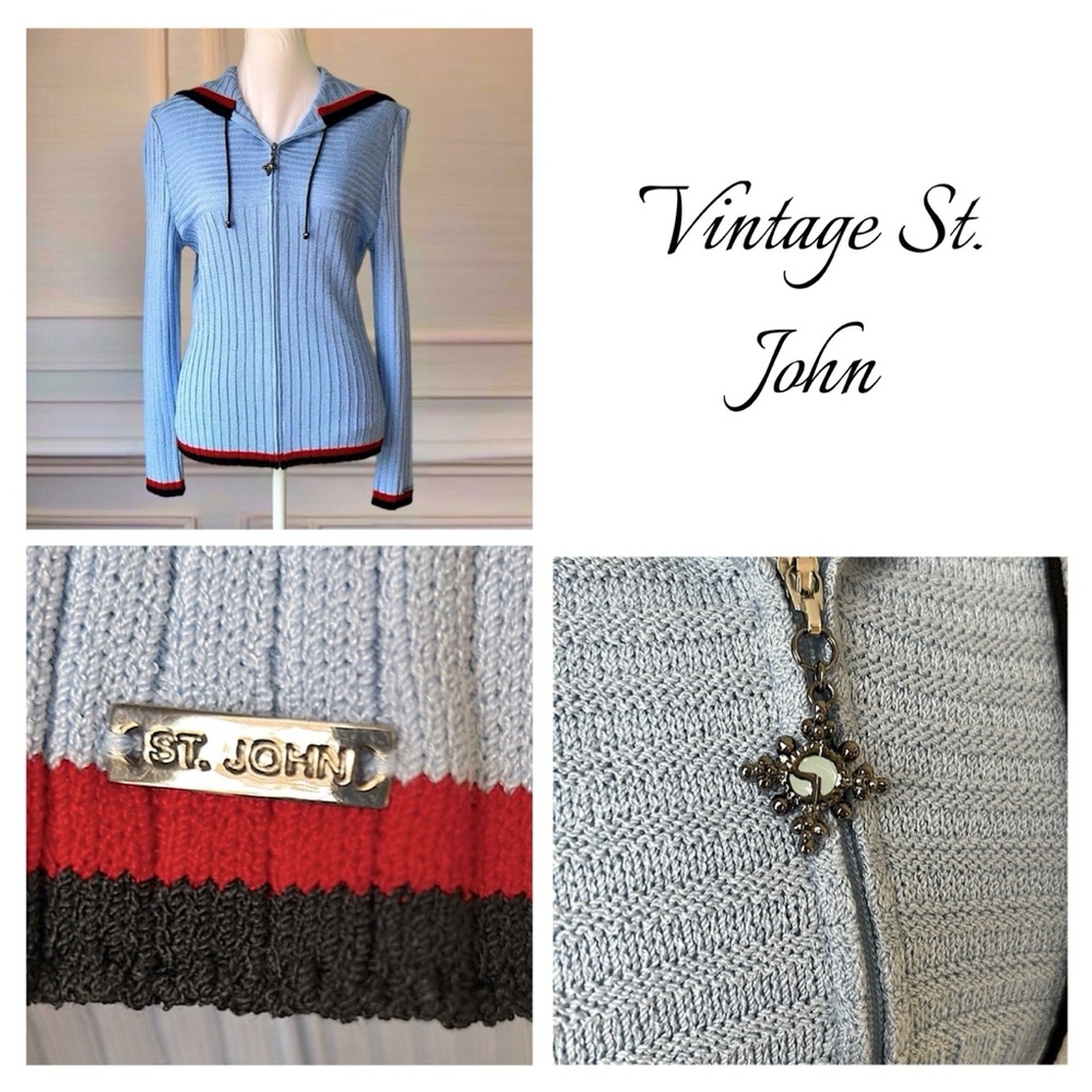VINTAGE St John Knit SPORT Blue ribbed hooded jacket with red and black trim